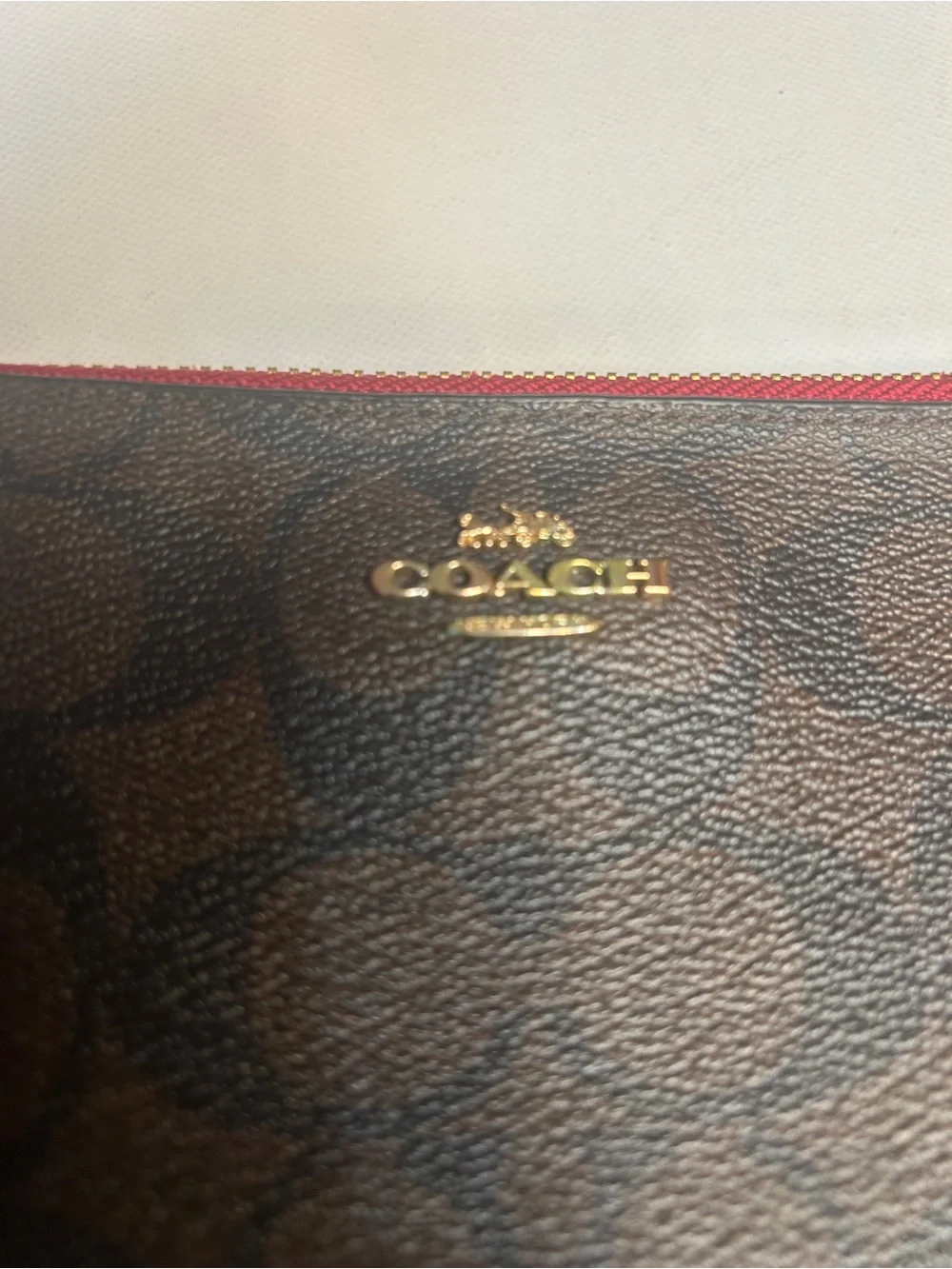 Coach Double Zip Wristlet Signature Canvas Brown Red PVC Leather Wallet Clutch